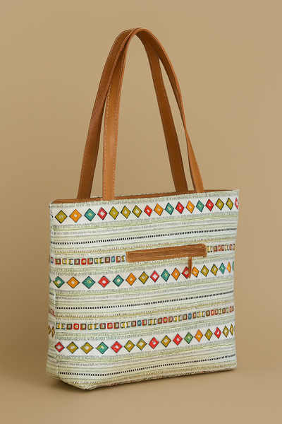 Dark blue with a multicolored Handbag & Off-white/light grey with a multicolored Tote bag for Ladies//பெண்களுக்கான பல வண்ணங்கள் கொண்ட அடர் நீல நிற ஹேண்ட்பேக் மற்றும் பல வண்ணங்கள் கொண்ட வெளிர் சாம்பல்/வெள்ளை டோட் பை.