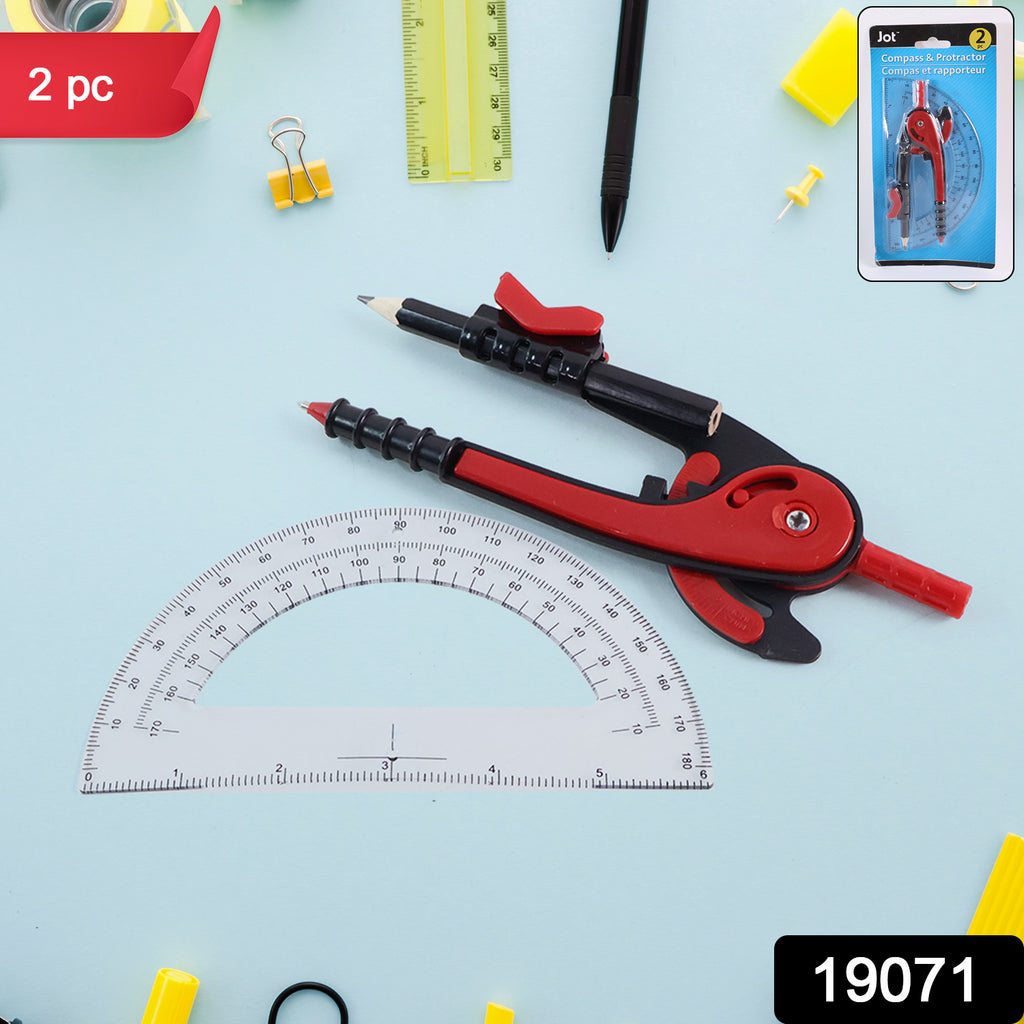 2 Pc Geometry Set  Built-in Pencil Grip + Transparent Plastic Protractor  School Geometry Tools Kit